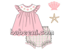 Lovely pink bubble set with hand-smocked shells and starfish -DR 2575