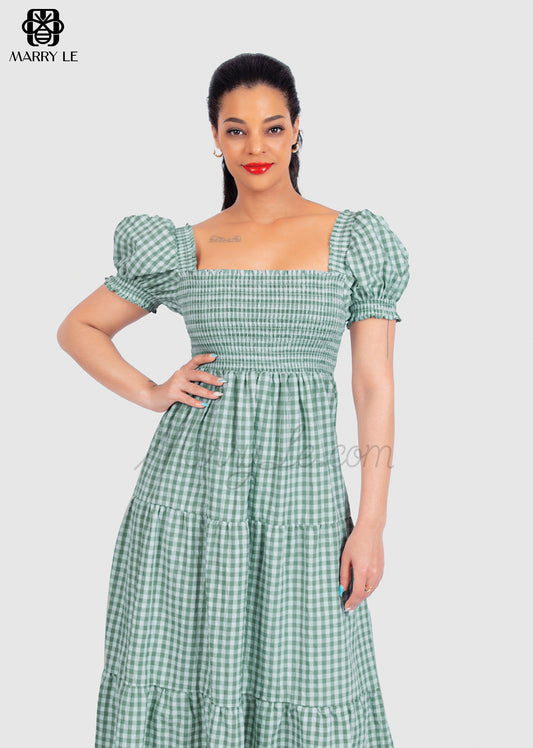 SEA FOAM GREEN CHECK SQUARE NECK SHIRRED MAXI DRESS - MD333