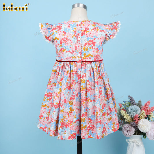 Honeycomb Smocked Dress Red Velvet Lace Flower Neck For Girl - DR3704