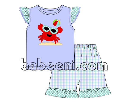 Appliqué short set for girl with lovely red crab - DR 2580