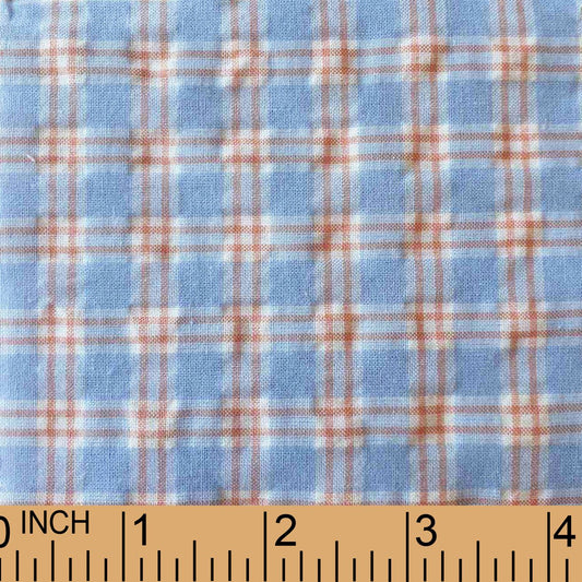 XB27- blue, dark orange plaid seersucker