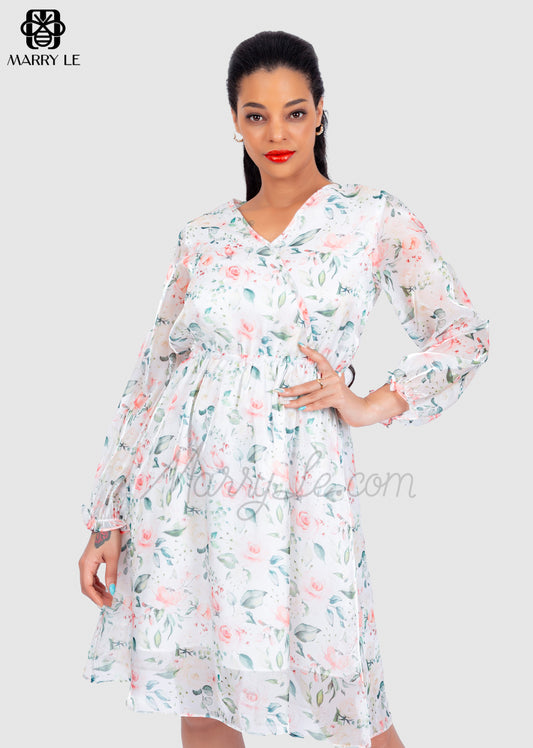 FANCY FLORAL PRINT CHIFFON MIDI DRESS LONG SLEEVE – MD311