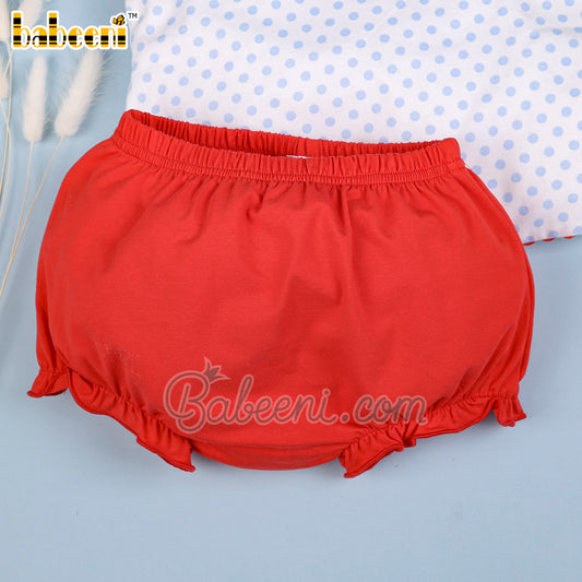 Cute girl short set blue dot top red bloomer - DR 3110