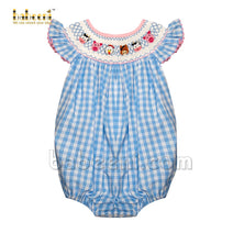 Smocked farm animals blue check girl bubble - DR 3043