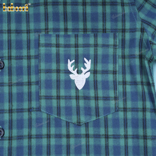 Boy Shirt In Green With Deer Embroidered - BC1234