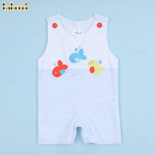 Boy Shortalls In Blue With Fish Applique - BC1186