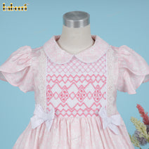 Gorgeous pink little girl satin laces floral smocked dress - DR3898