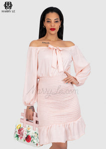 OFF-SHOULDER BUSINESS PINK SATIN DRESS - MD26