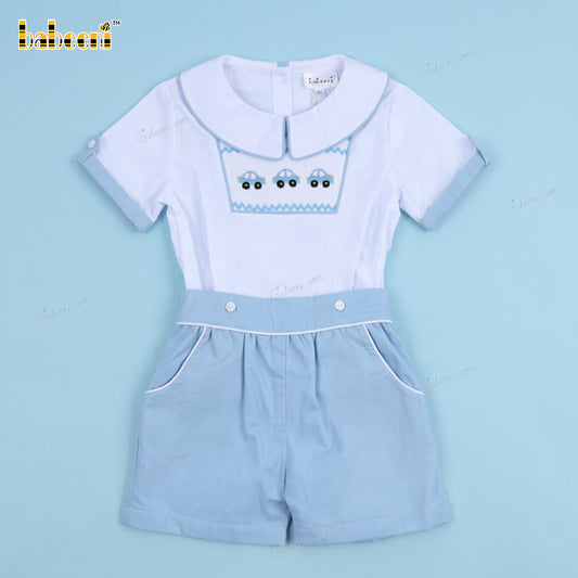 Boy Smocked Car White And Blue - BC1172