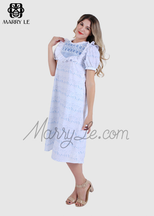 BLUE GEOMETRIC SMOCKING DRESS WITH FLOWER EMBROIDERY – MD553