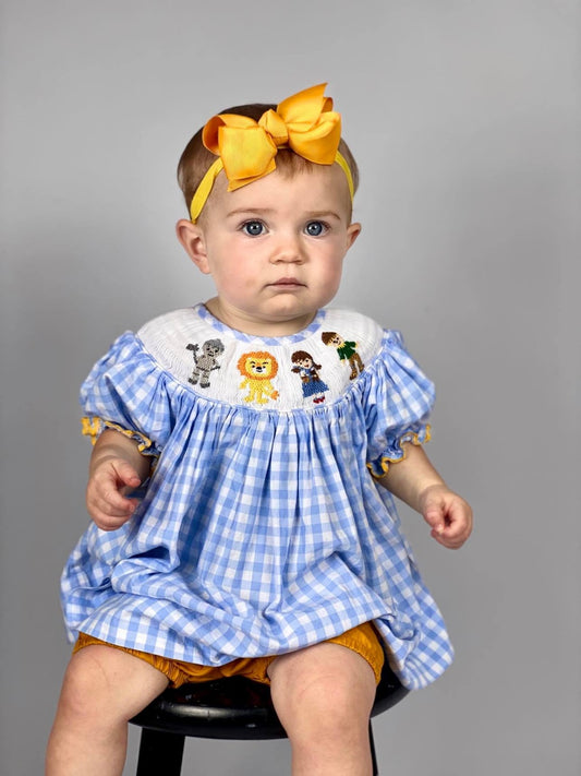 Smocked Cartoon Character On Caro Baby Blue For Girl