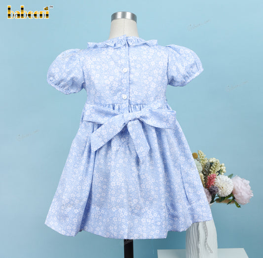 Honeycomb Smocked Belted Dress White Floral On Blue For Girl - DR3700