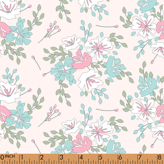 F98- Blue, white floral in light pink woven printing 4.0