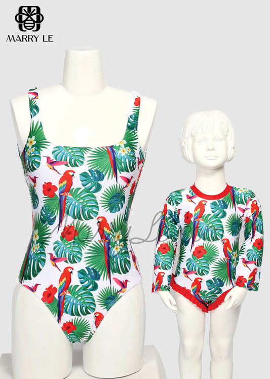 MOTHER AND DAUGHTER  SWIMSUITS MATCHING ONE PIECE BEACHWEAR PARROT PALMS TROPICAL PRINT - MD486