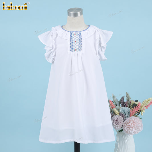 Girl Geometric Smocked Dress In Blue Hand Embroidered - DR3811