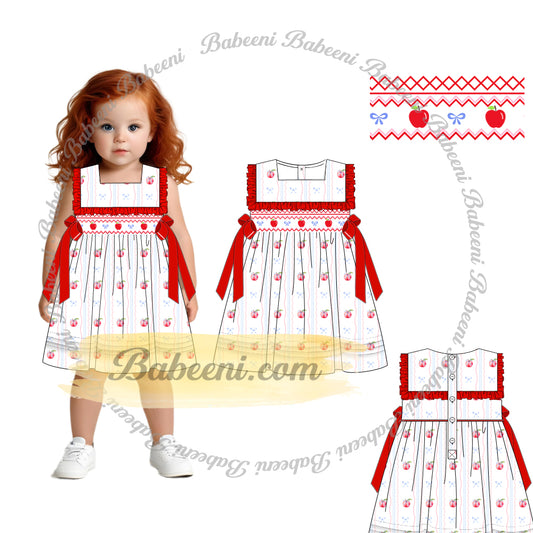 Cherry Embroidered Smock Dress with Red Ribbons - DR4238