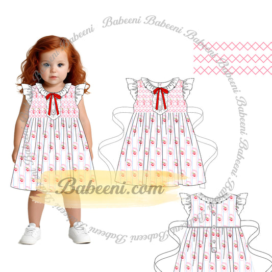 Fruit Smocked Dress with Side Red Ribbons - DR4239