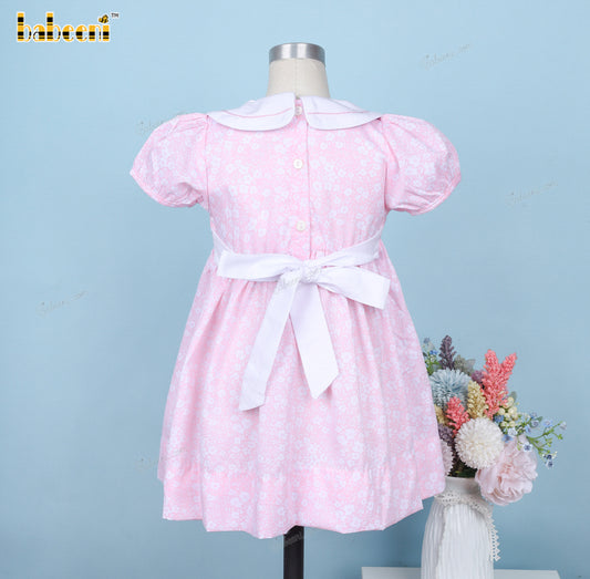 Honeycomb Smocked Belted Dress White Floral On White For Girl - DR3699