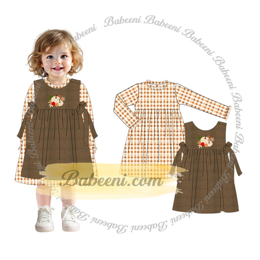 Brown Plaid Fall Jumper Set with Hand Embroidery – DR4381