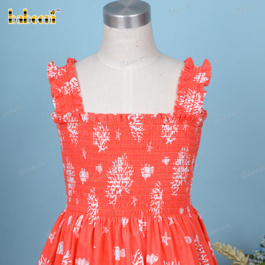 Shirred Dress In Orange White Coral For Girl - DR3645