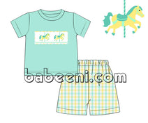 Mint outfit set for boy with hand-smocked carousel horses - BC 767