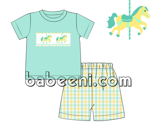 Mint outfit set for boy with hand-smocked carousel horses - BC 767