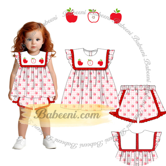 Apple Embroidered Baby Girl Set with Trim Details - DR4242