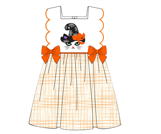 Girl Dress Cat Embroidered Halloween Theme  - DR3994