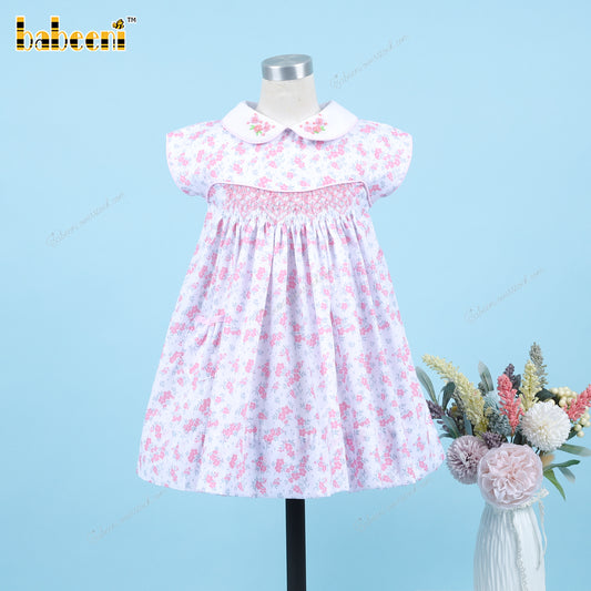 Geometric Smocked Dress With Pink Hand Embroidery Flowers For Girl  - DR3688
