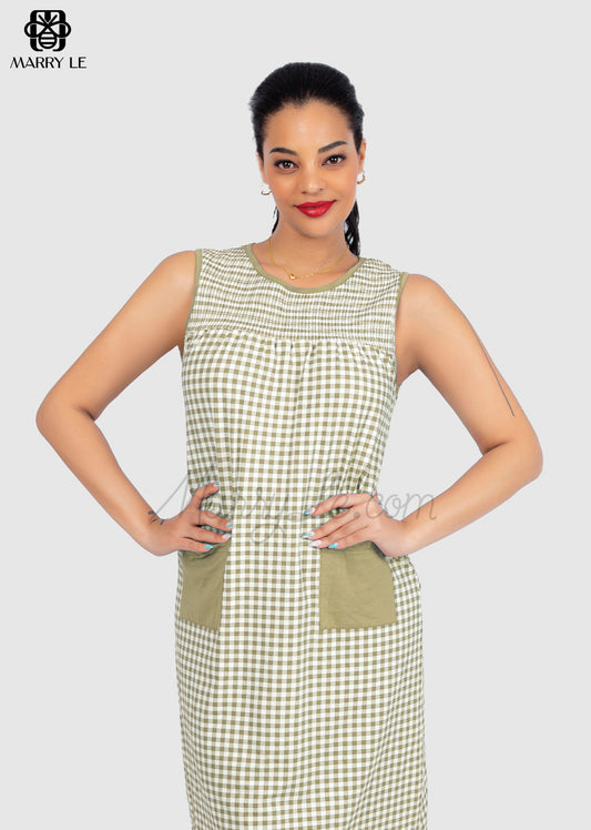 OLIVE GREEN SLEEVELESS SMOCKED HOUSE DRESS - MD337