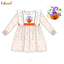 Girl Dress Witch Pumpkin Hand Embroidered - DR3979