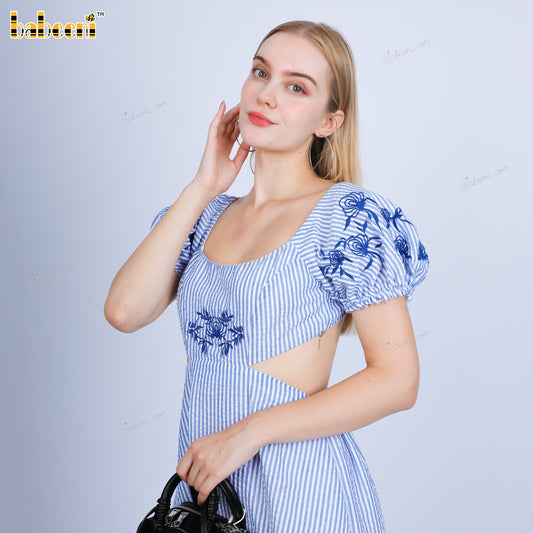 Lady floral embroidery navy blue medium stripe seersucker dress - LD07