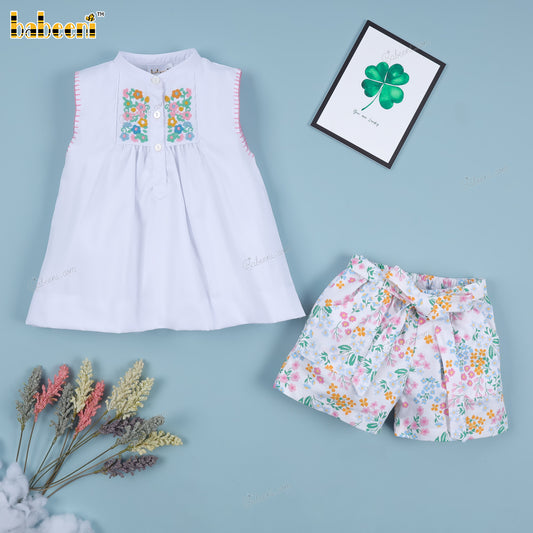 Girls set with floral embroidery on the bodice and printed Spring-Summer shorts - DR4174