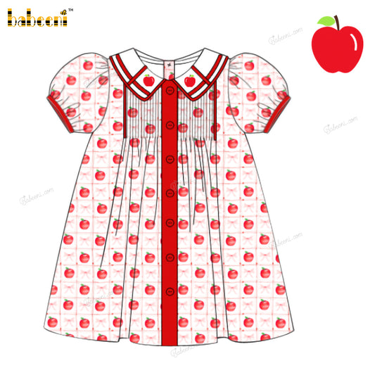 Girl Dress In Pink With Apple Hand Embroidered On Neck - DR3942