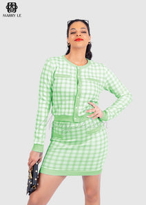 DYNAMIC LIME GREEN WOMEN CASUAL LONG SLEEVE CARDIGAN & MINI SKIRT TWO PIECE SET - MD324