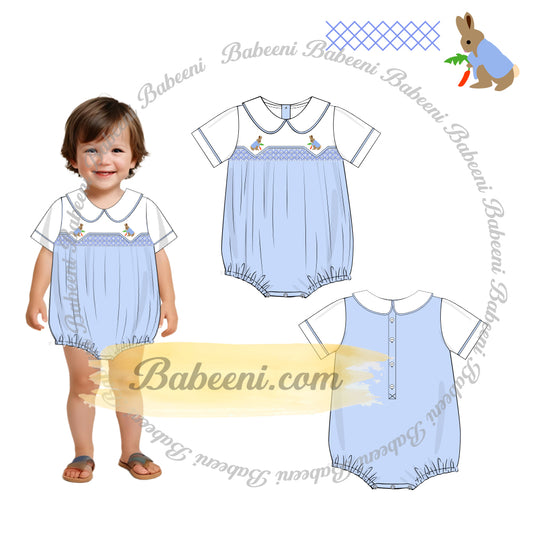 Boys’ Blue Bubble Romper with Peter Pan Collar and Smocked Chest – BC1349