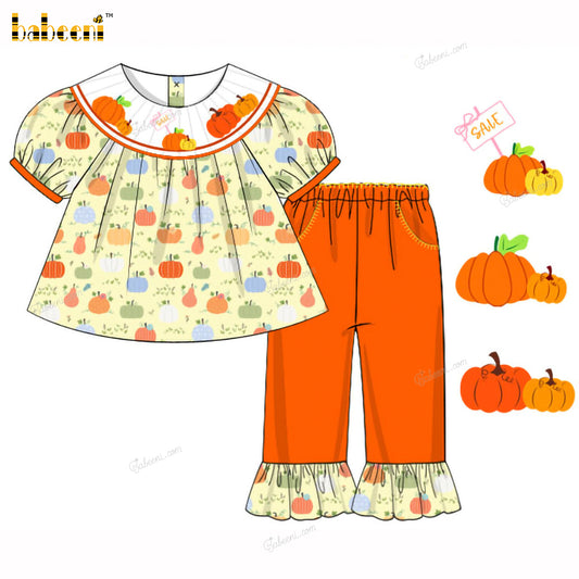 Girl Outfit Hand Smocked Orange Pumpkin - DR4007