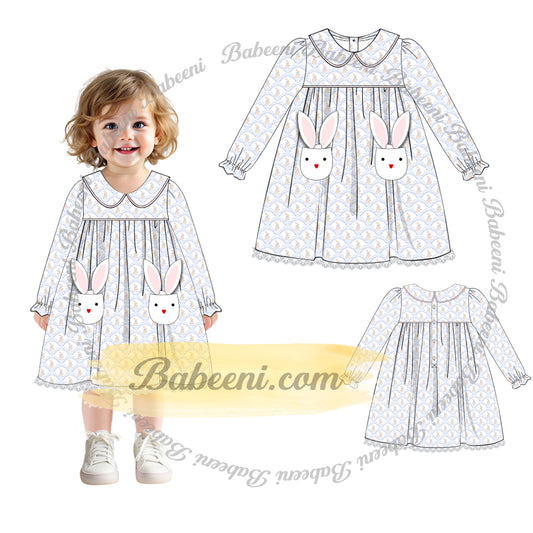 Girls’ Long Sleeve Bunny Dress with 3D Pockets and Lace Trim – DR4357