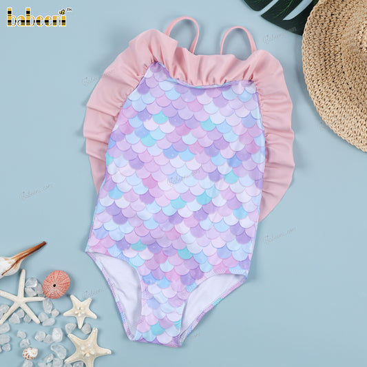 1-pieces Swimwear For girl Spring-Summer with purple fish scale pattern and curtain on the chest - DR4211