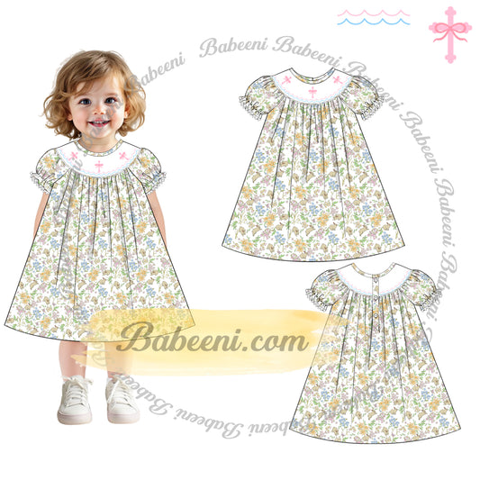 Girls’ Floral Bishop Dress with Smocked Neckline and Lace Trim – DR4358