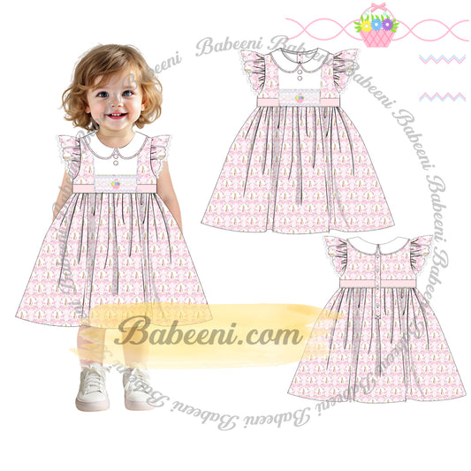 Girls’ Vintage Smocked Dress with Angel Sleeves and Lace Trim – DR4359