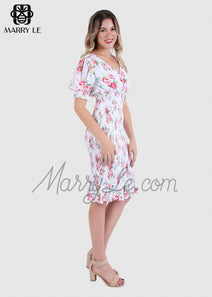 OVERLAP COLLAR FLORAL PUFF SLEEVE SHIRRED DRESS – MD516