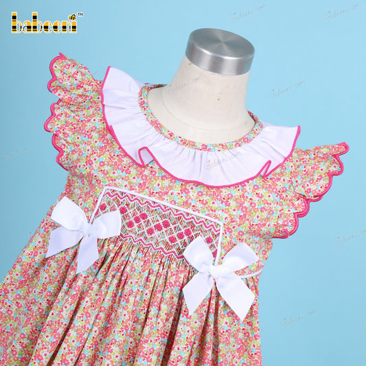 Geometric Smocked Dress In Red Floral White Neck For Girl - DR3617