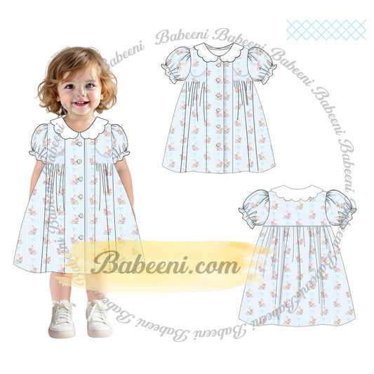 Girls’ Pastel Bunny Smocked Dress with Scallop Collar – DR4361