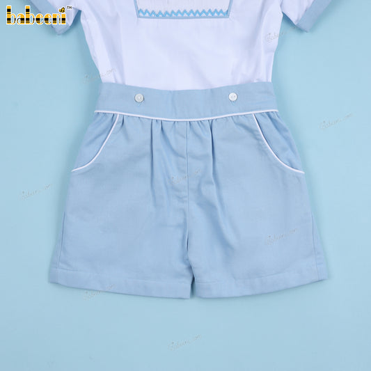 Boy Smocked Car White And Blue - BC1172