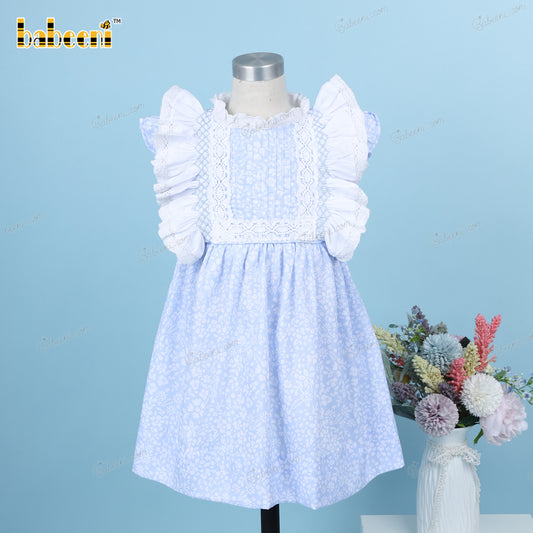 Geometric Smocked Belted Dress Blue Floral For Girl - DR3628
