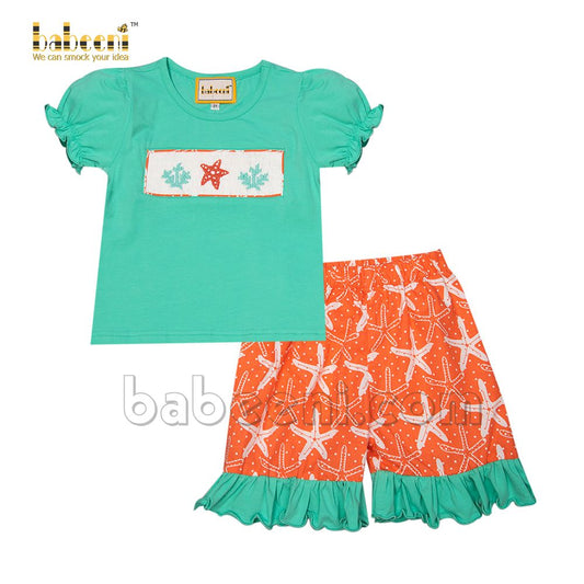 Short girl set mint coral smocked stafish - DR 3033