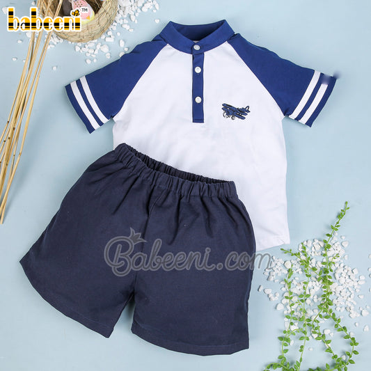 Airplane embroidery boy short set  – BC 997