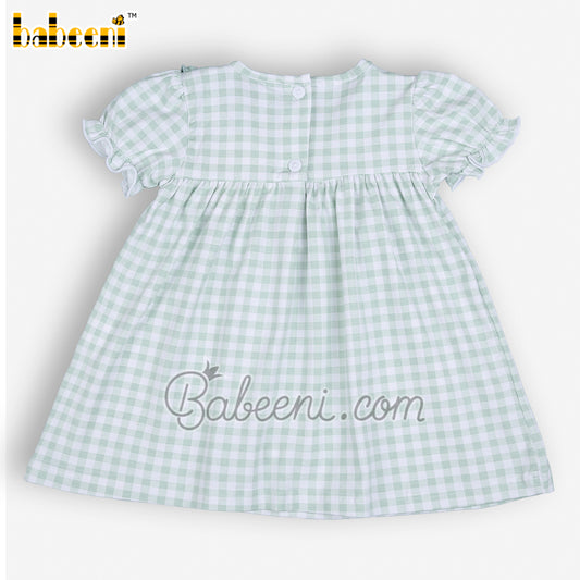 Floral embroidery green check baby dress - DR 3406