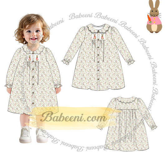 Girls’ Storybook Smocked Dress with 3D Bunny Crochet – DR4362